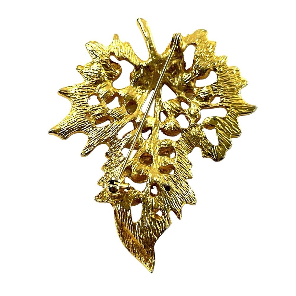 Vintage Gold Tone Grape Leaf Brooch Faux Pearls Rhinestones 2.5” Pin - Picture 5 of 5